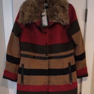 Wool-Blend Striped Coat with Faux-Fur Collar - Red/Olive/Tan